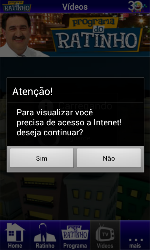 Aviso sobre acesso à internet no aplicativo do "Programa do Ratinho" para Android (Reprodução)