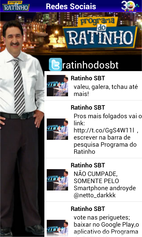 Tuítes do Ratinho no aplicativo do "Programa do Ratinho" para Android (Reprodução)